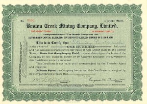 Boston Creek Mining Co., Limited - Stock Certificate